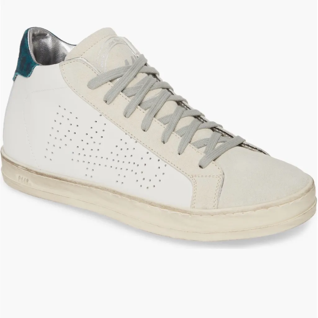 P448 John Mid Sneaker Size 37/7 White Green Cheetah Leather Suede Streetwear - Image 2