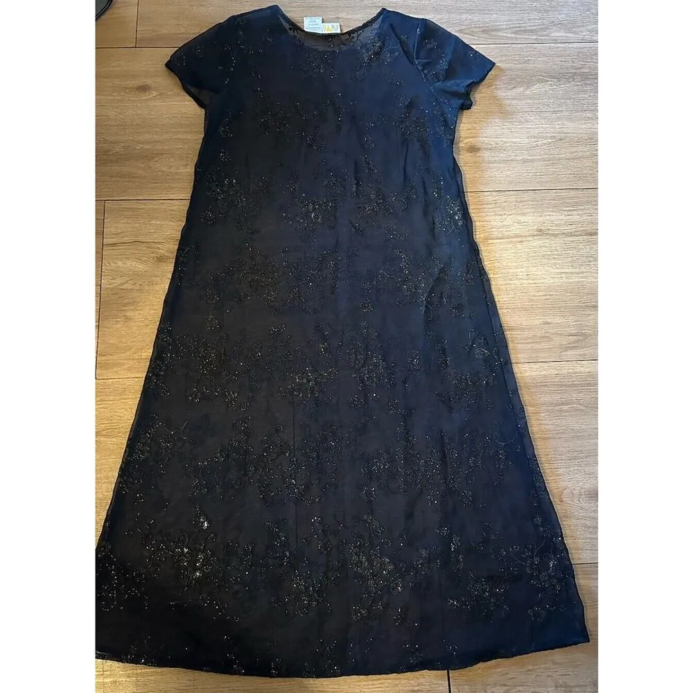 Vintage Dress Navy Black Shimmer floral Sheer Midi Size 14 1/2 Whimsy Fairy Goth Blue - Image 3