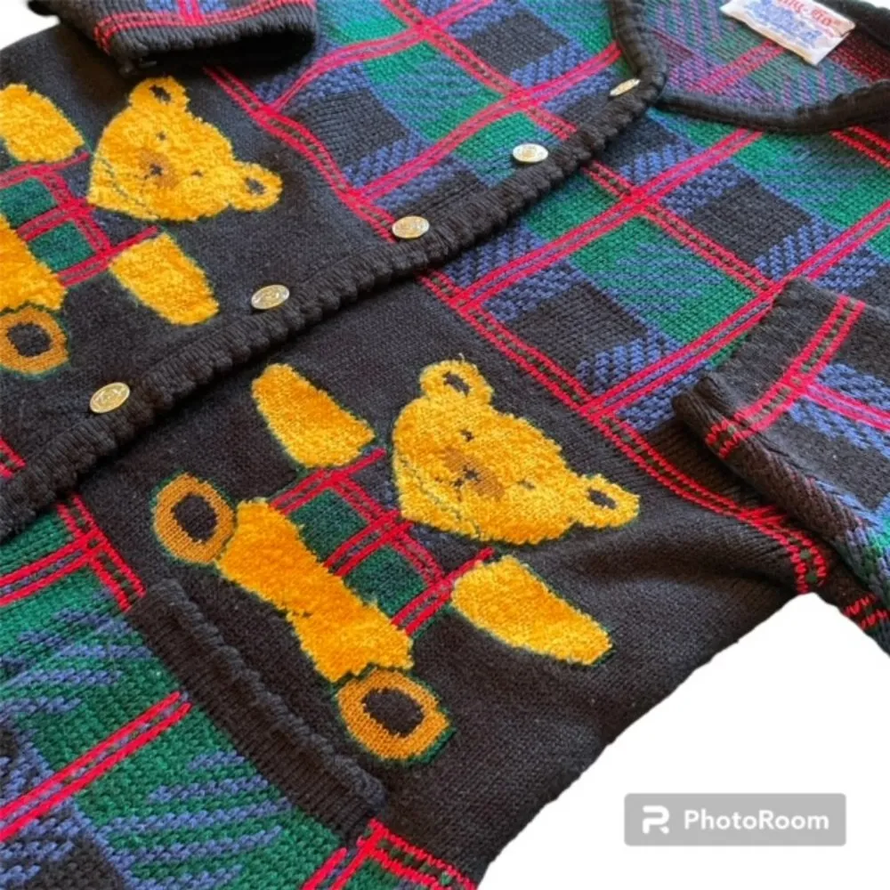 1980's AOP Teddy Bear Tartan Plaid Plush Tail Themed Cardigan Sweater Medium - Image 2