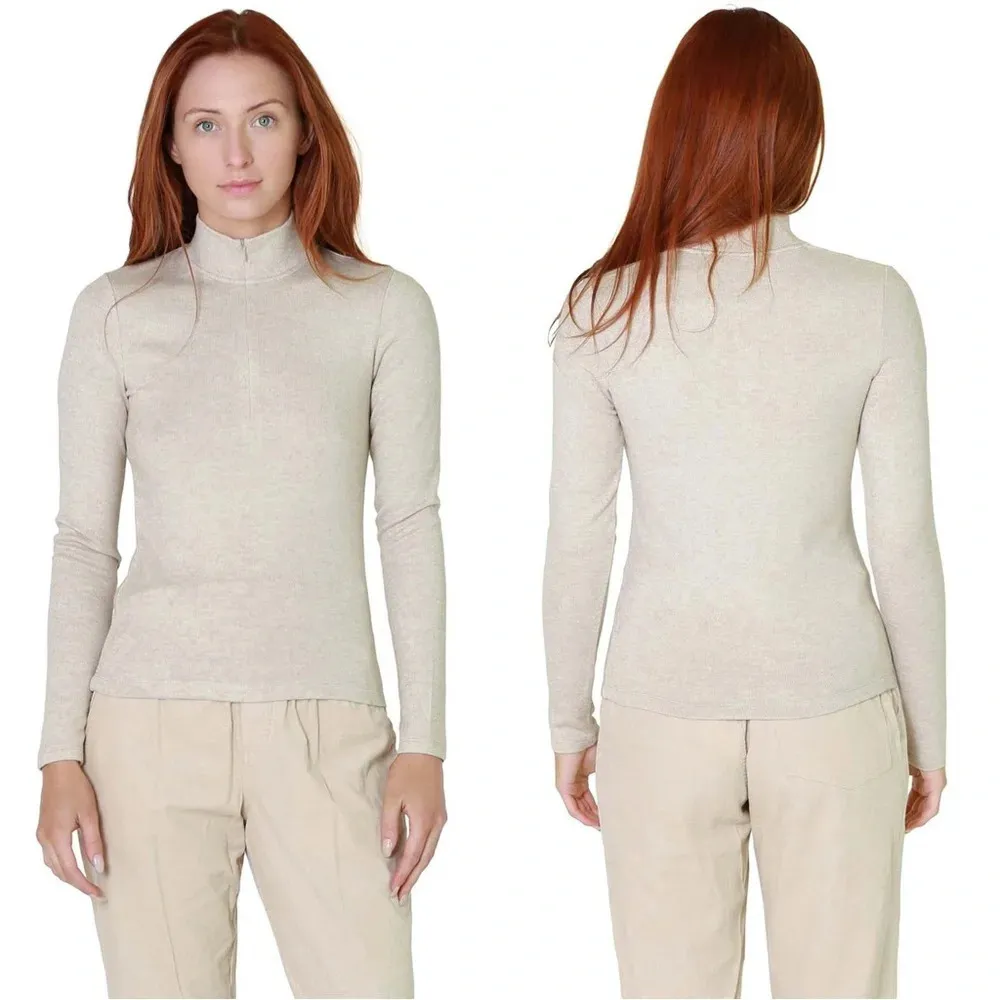 Vince Half Zip Mock Neck Longsleeve Sweater Soft Jersey Knit in Heather Oak M - Image 3