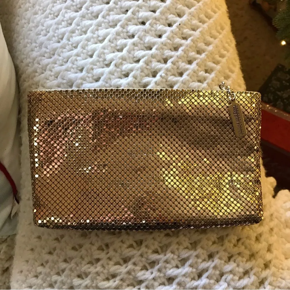 Whiting & Davis Gold Mesh Evening Bag Zippered Clutch Vintage Holiday Party NYE - Image 4