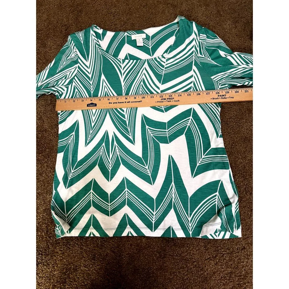 Chico's size 1 green & white blouse 3/4 sleeves cotton summery - Image 6