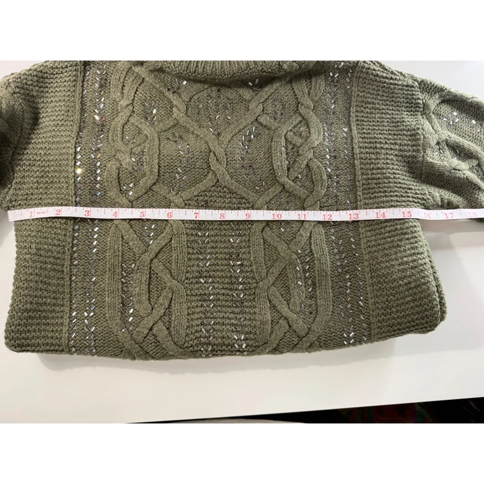 WHITE HOUSE BLACK MARKET Olive Green Cable Knit Mock Neck Sweater Rhinestones XS - Image 5