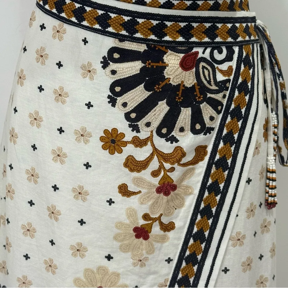 Farm Rio Flower Fan Tapestry Wrap Midi Skirt Linen Embroidered Small Boho Beachy - Image 9