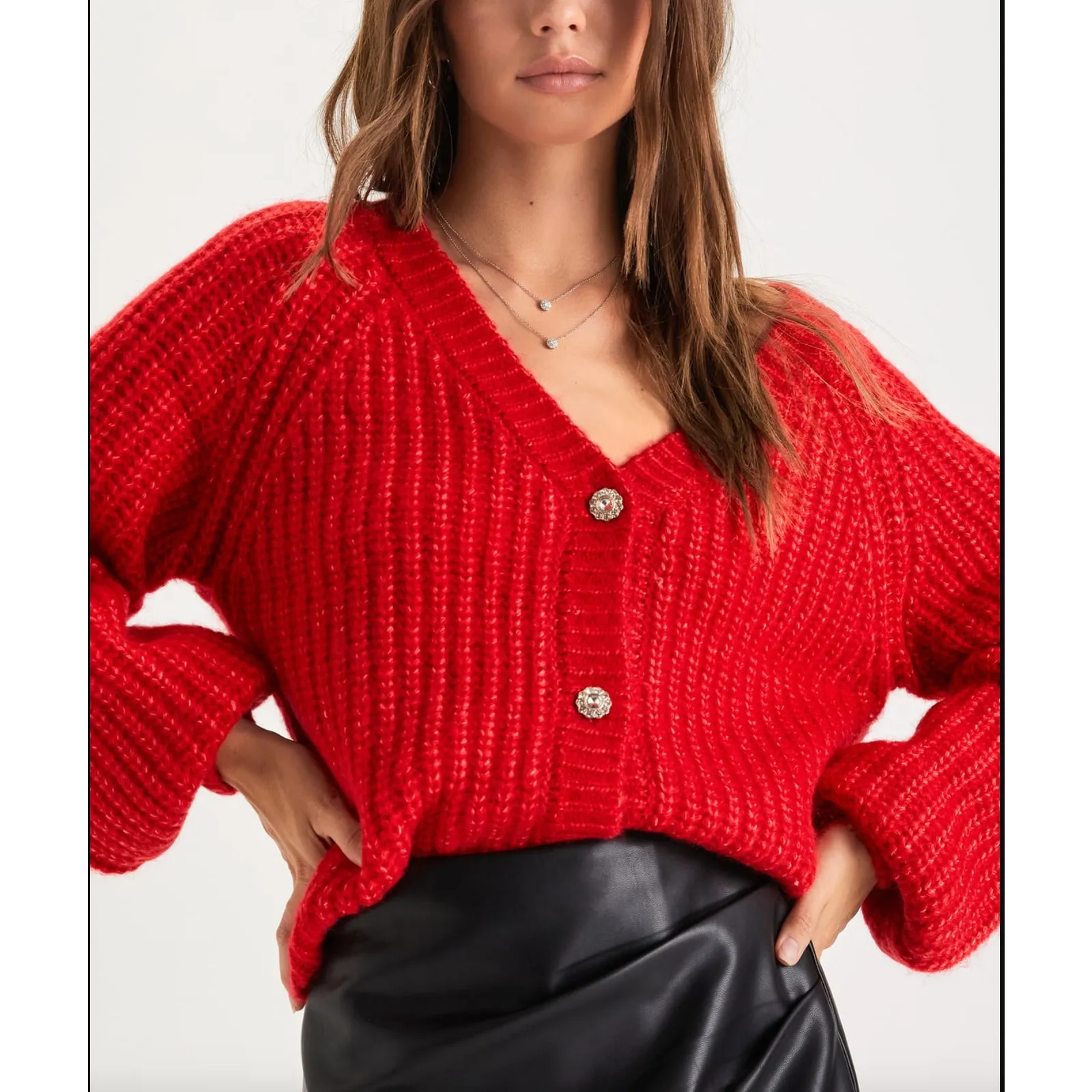 Lulus Red V Neck Rhinestone Cardigan Sweater XS - Image 2