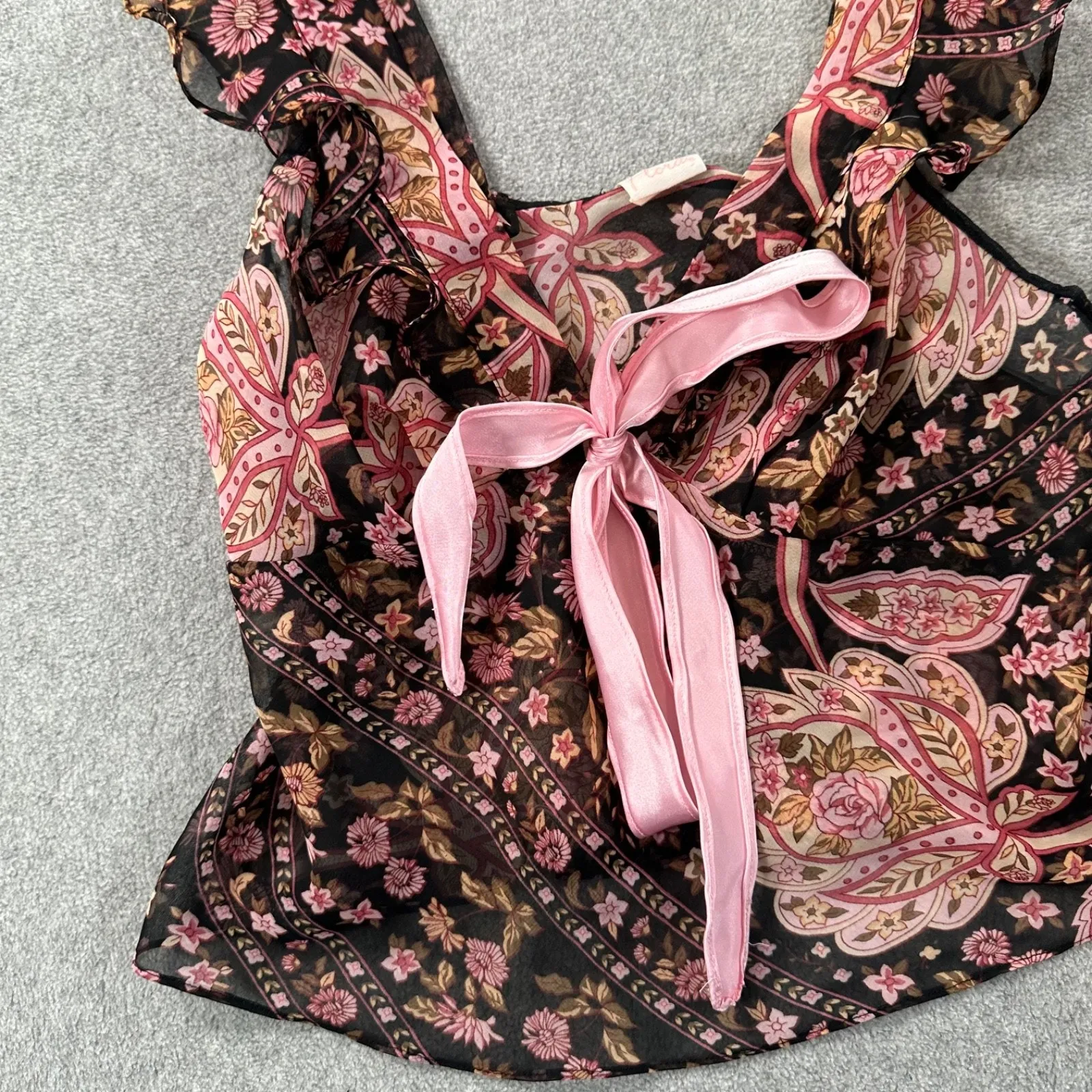 Vintage Intimately Flora Sheer Camisole Lingerie Top Size Medium Black Floral - Image 4