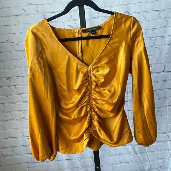 Marc New York Golden Yellow Silky Satin Ruched Stretchy Blouse Size Small - Image 1
