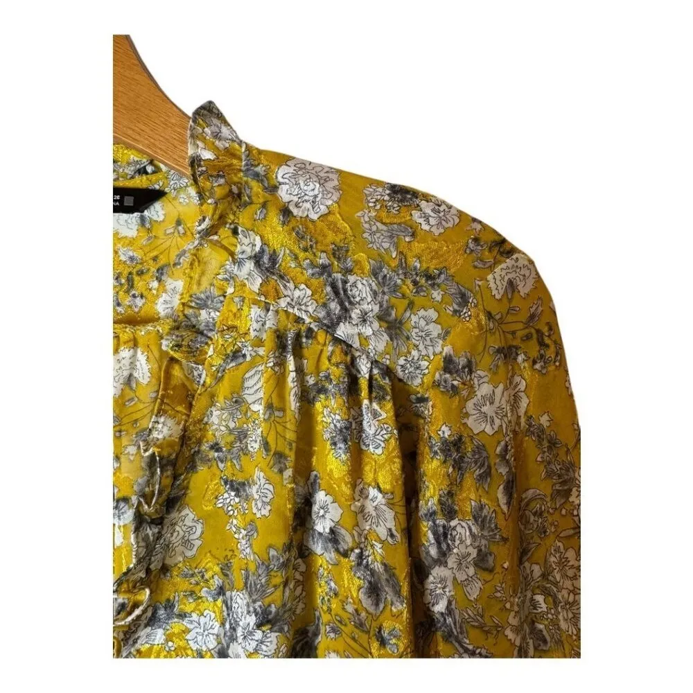 Zara Shirt Women Small‎ Yellow Floral Print Jacquard Ruffle Front Blouse Boho - Image 7
