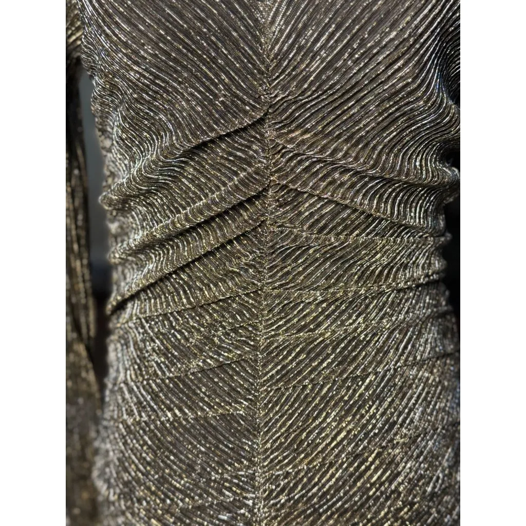 NEW STEVE MADDEN S Gold Green Metallic Ribbed Ruched Dress Long Sleeves V - Image 10