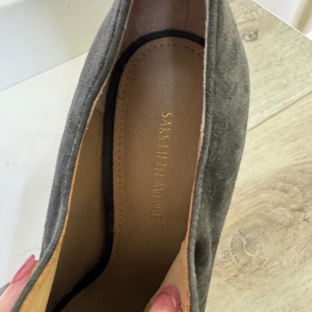 Saks Fifth Avenue Charcoal Suede Heels - Image 3