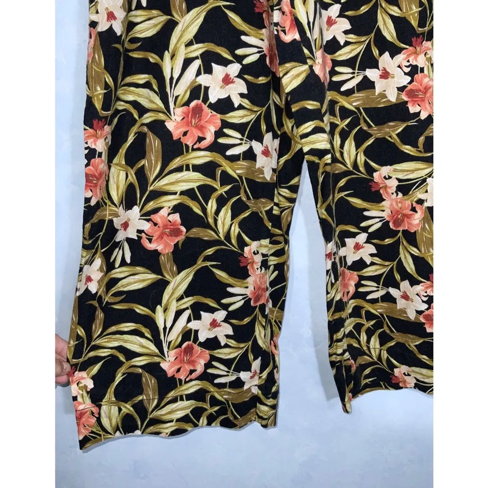 Kensie Linen Blend Black Floral High Waist Wide-Leg Cropped Pants Pockets Medium - Image 3