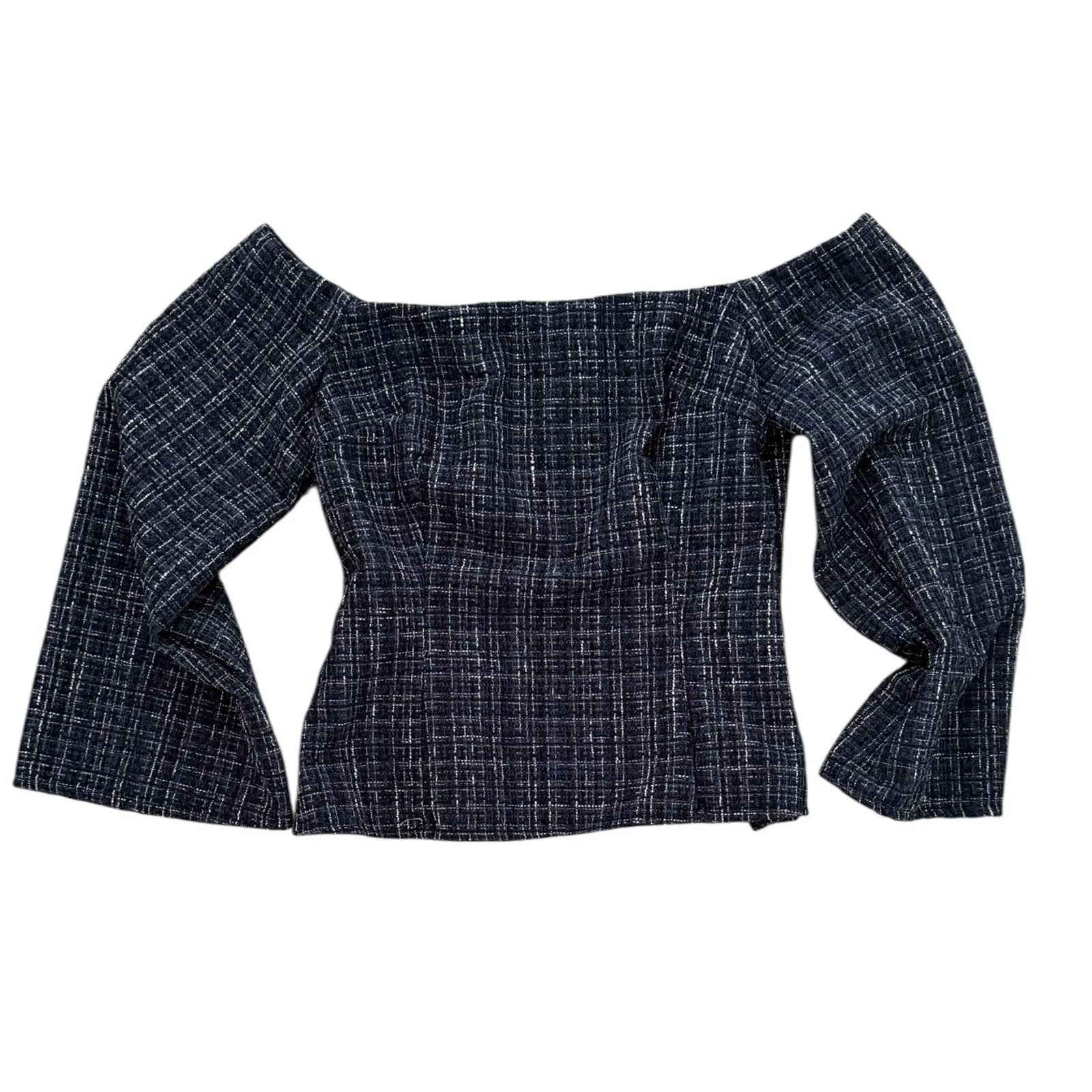 NEW ZARA Blue Tweed Textured Off Shoulder Top Flared Bell Long Sleeve Size Small - Image 3