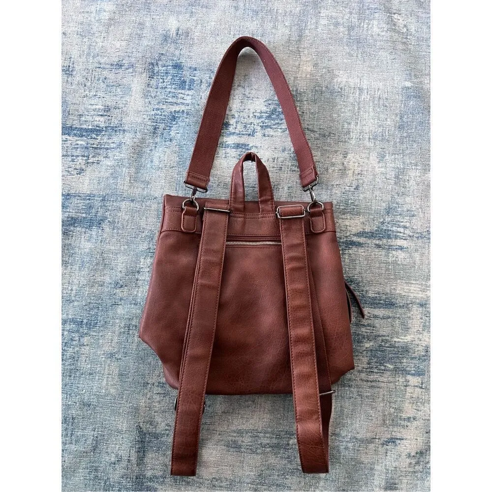 Brown Faux Leather Fold Over Bucket Shoulder Convertible Backpack - Image 2