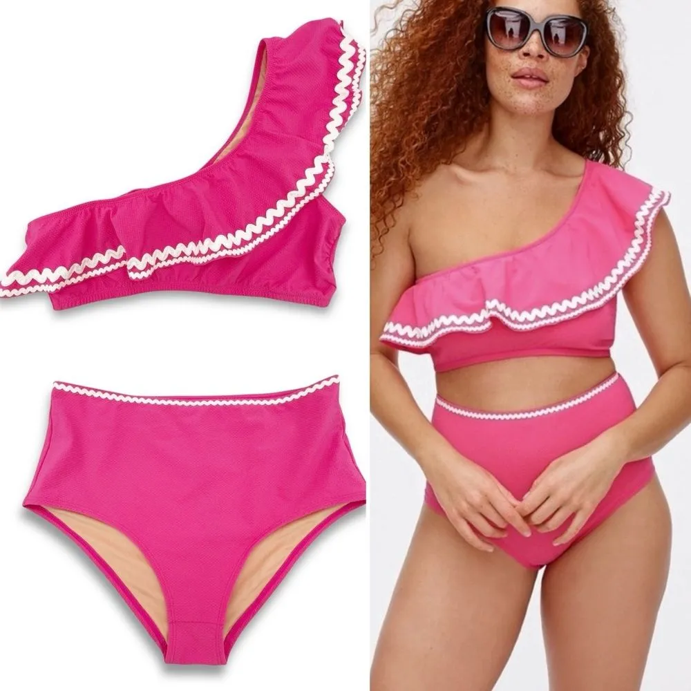 NWT J. Crew Sweet Briar Pink Ruffle Bikini Set Sz Medium One Shoulder High Waist - Image 15