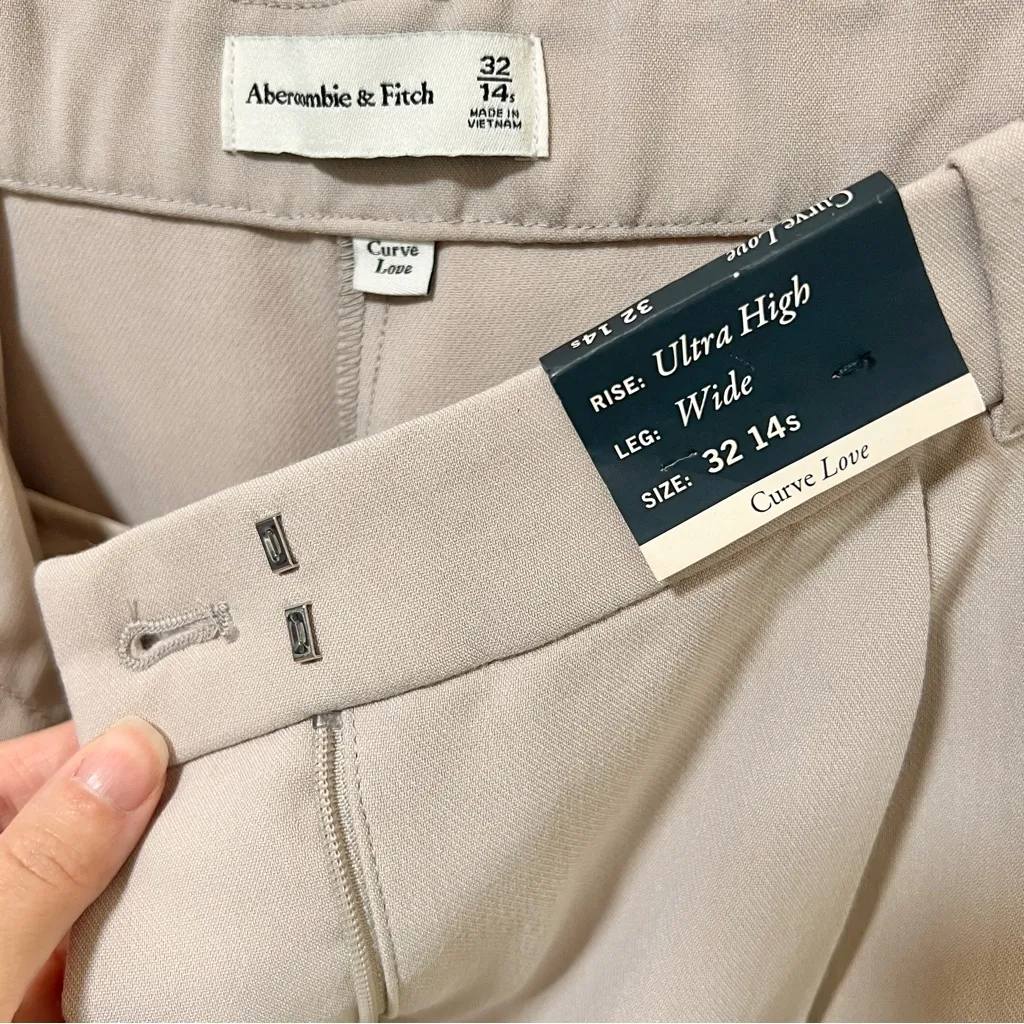 NEW Abercrombie Curve Love Sloane Tailored Wide Leg Pant 32/14 SHORT Light Taupe - Image 3