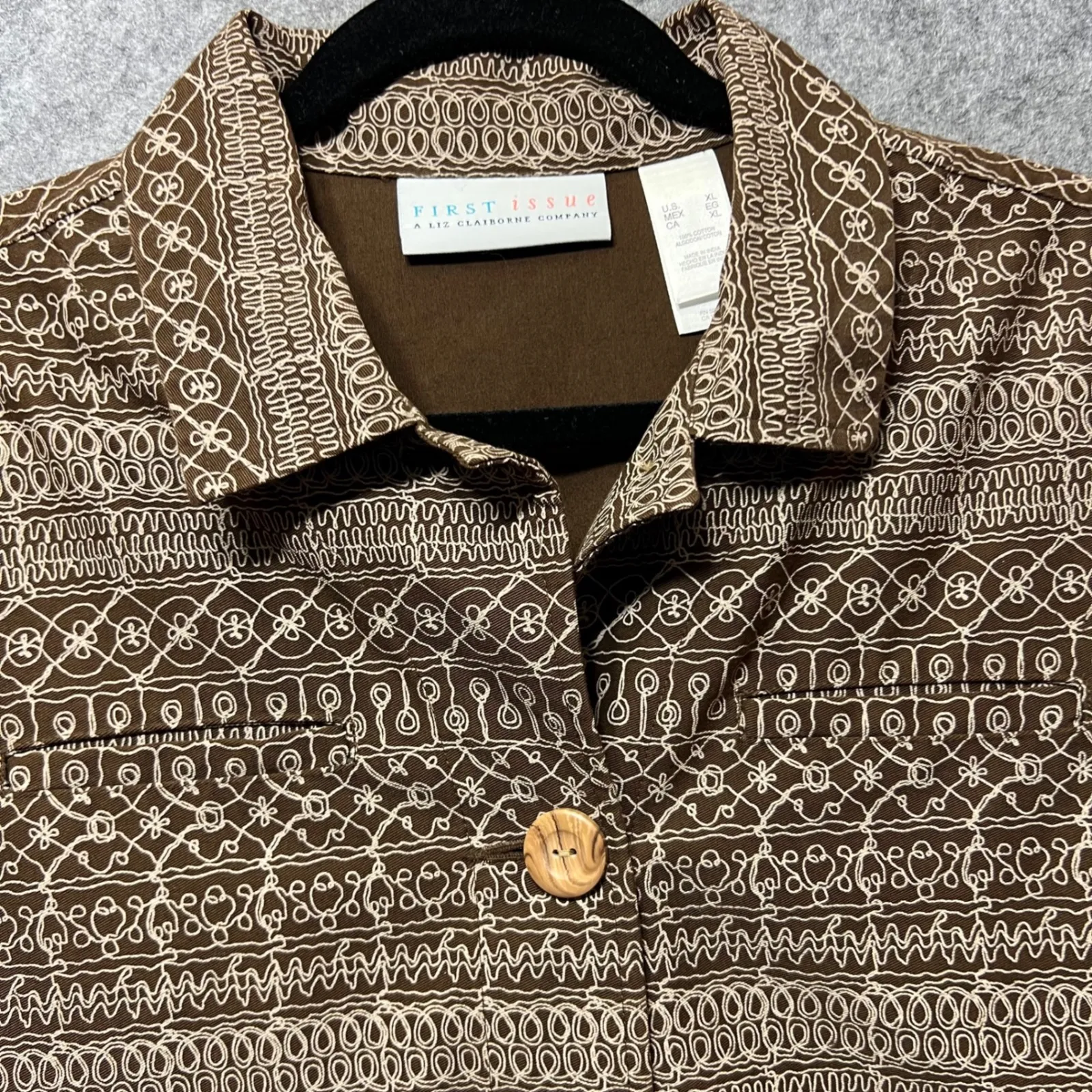 Vintage First Issue Liz‎ Claiborne Abstract Print Jacket XL Brown Button Up - Image 3