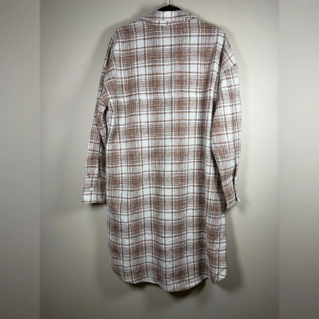 ACOA NWT Oversized POCKETED PLAID BUTTON DOWN SHACKET DUSTER SZ M/L Tan - Image 8