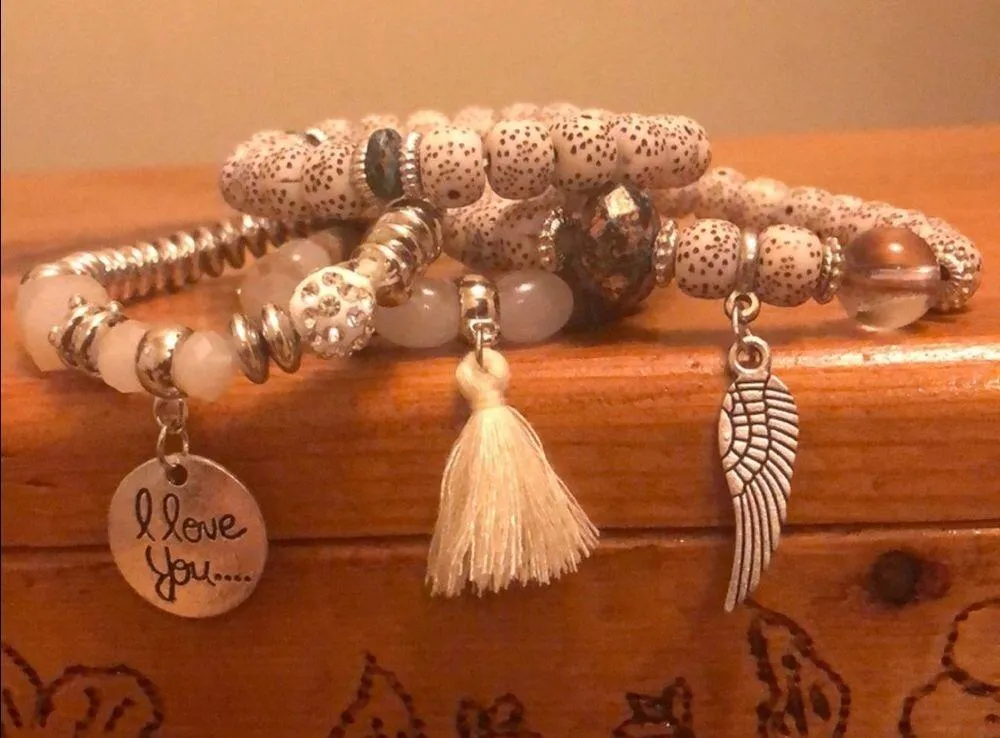 Boho Bead Stretch Stack Gypsy Tassel Bracelets White - Image 2