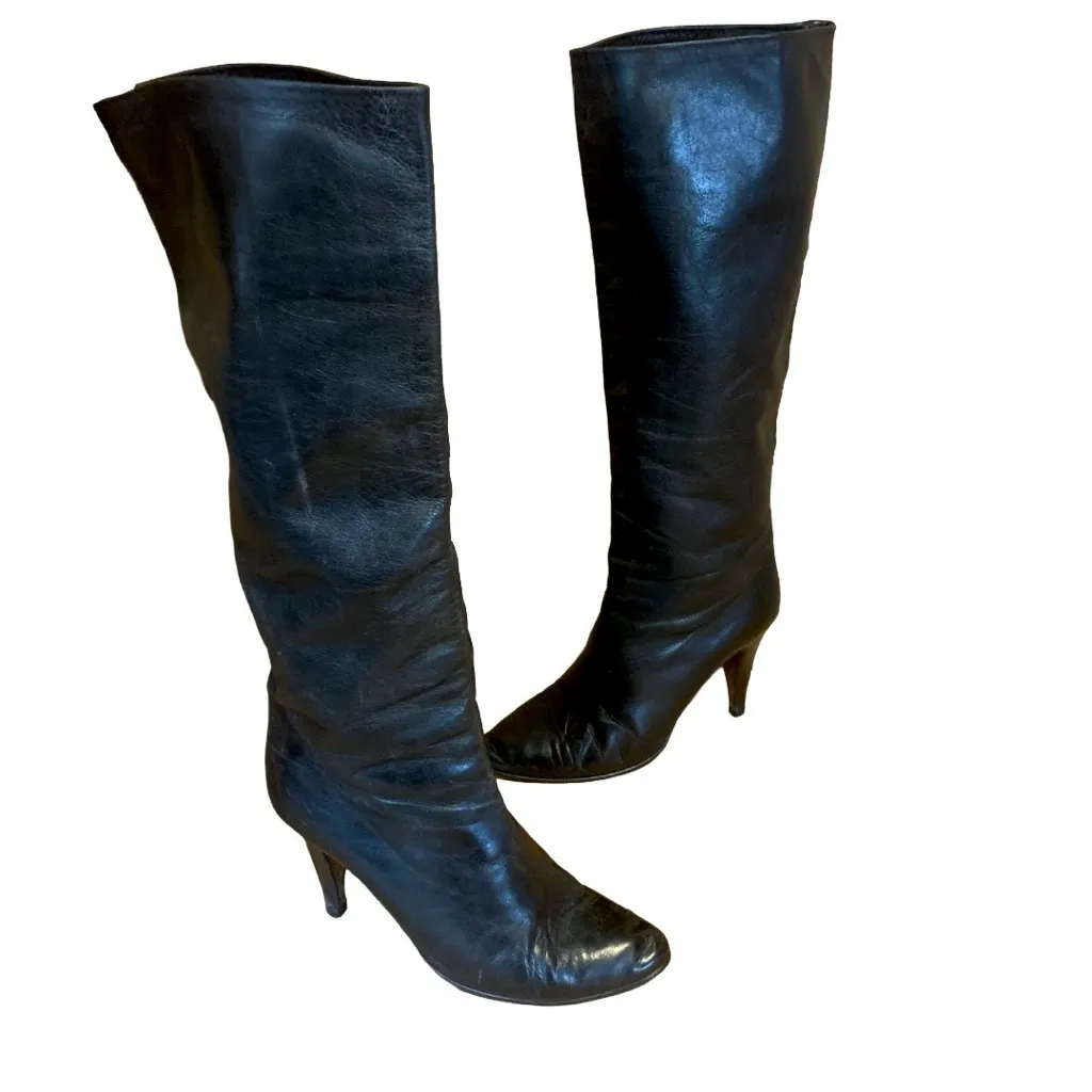 VINTAGE 1980'S ANNE KLEIN BLACK LEATHER HEELED CALF HIGH BOOTS (6) - Image 7