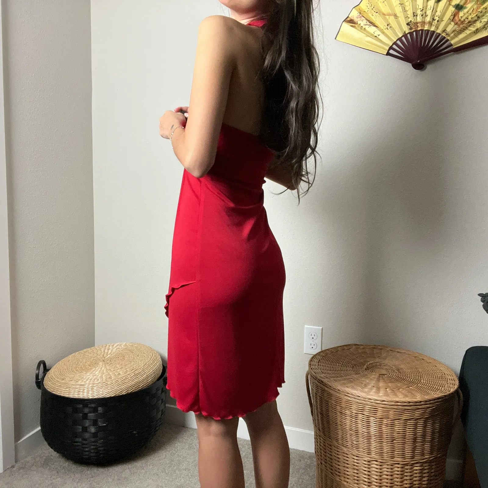 90s y2k vintage retro red ruffle trim v neck halter midi dress by la belle - Image 6