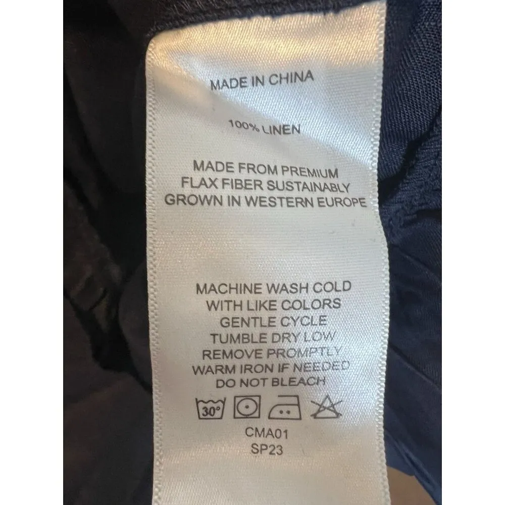 Quince 100% European Linen Smocked Mini Dress Large Navy Blue Puff Sleeves - Image 9