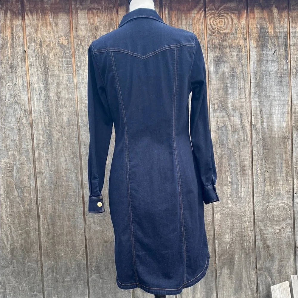 INC International Concepts Blue and Gold Sheath Dress with Notched Collar Sz 6 - Image 6