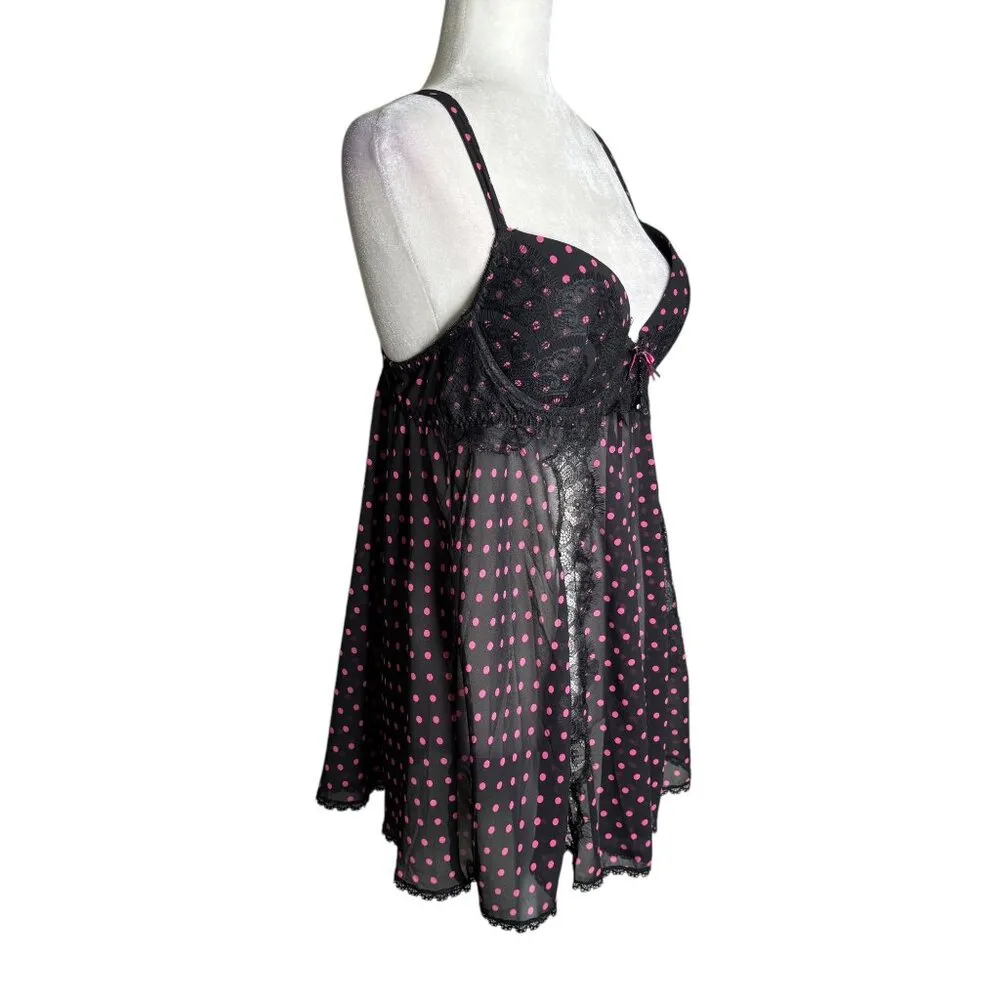 Seductive Wear By Cinema Black Pink Polka Dot Babydoll Lingerie Size Large - Image 5