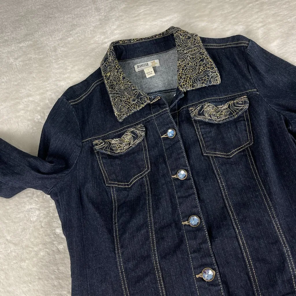 Jeanstar Ramie Blend Embroidered Jean Jacket Womens Sz L Blue Button Up Pockets Size L - Image 10