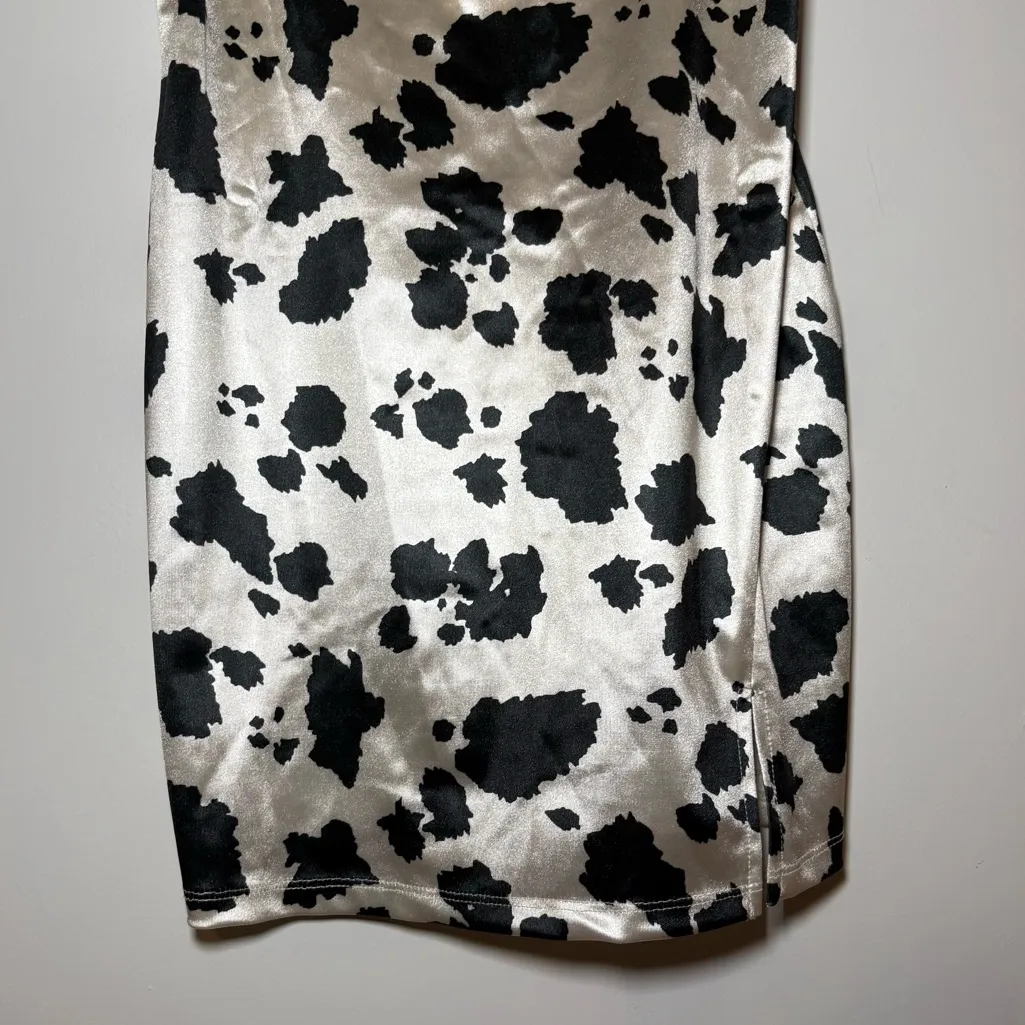 Thirty/Thirty Cow Print Satin Mini Dress Large Black White Halloween Costume NWT - Image 2