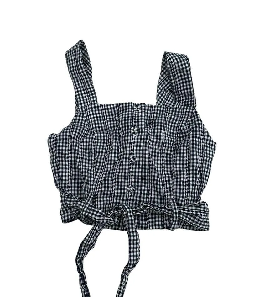 Cropped gingham navy and white top - Image 2