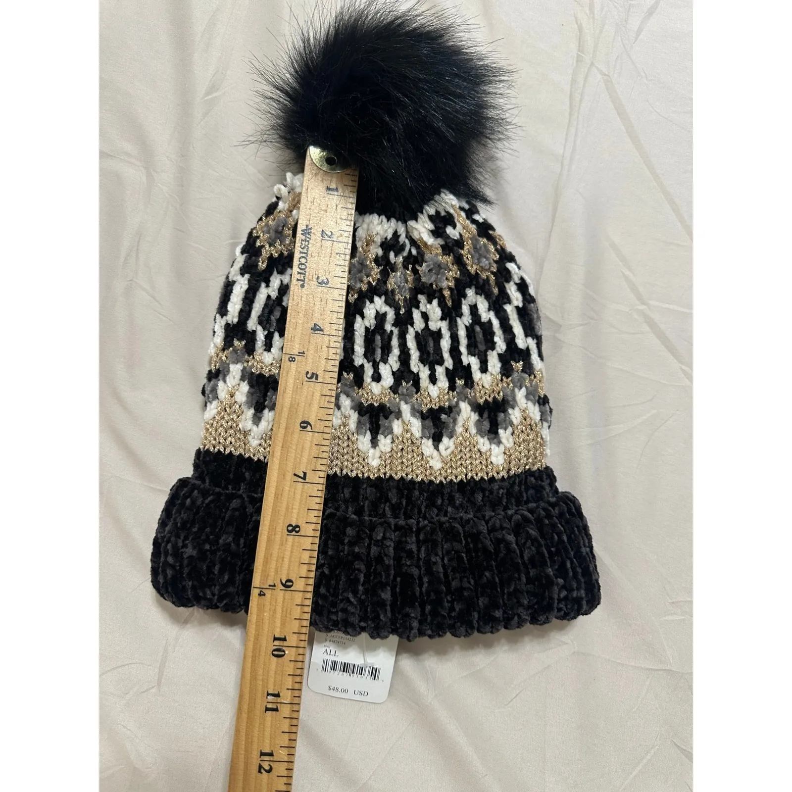 Free People Chalet Fairisle Pom Beanie Hat Black/Gold Metallic‎ Combo One Size - Image 11
