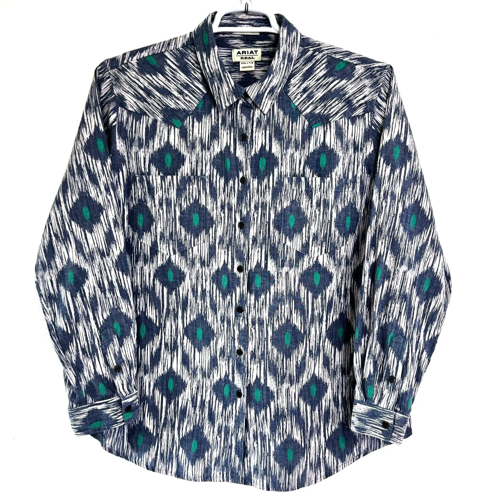 Ariat‎ REAL Western Snap Shirt Ikat Print Blue Teal Pearl Snap Long Sleeve XXL - Image 2