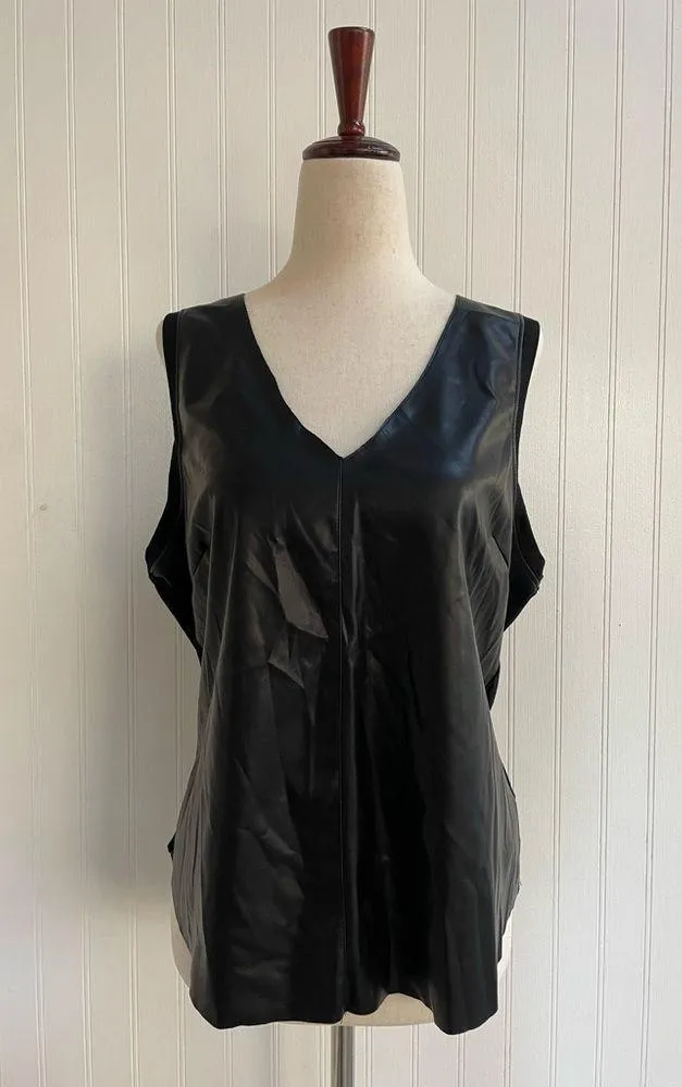 DEAR JOHN Susana Vegan Faux Leather V-Neck Tank Top in Black Size L NWT - Image 2
