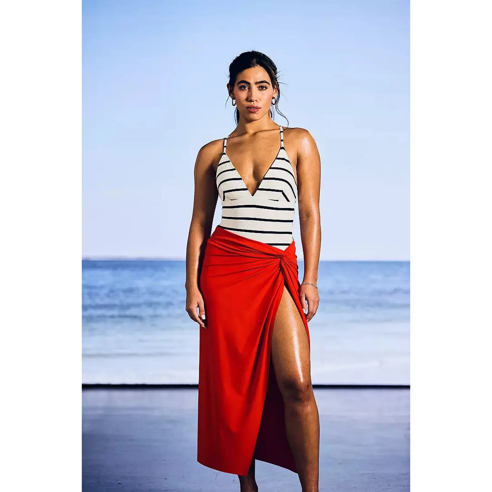 CALIA Swim Triangle Strappy Back One Piece White/Blue Stripe Mesh 16 NWT Black - Image 6