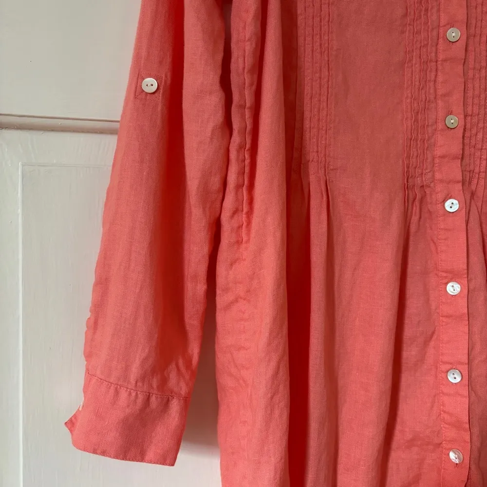 J. Jill Linen Coral Orange Button Down Pleated Tunic Size Small Vacation Coverup - Image 3