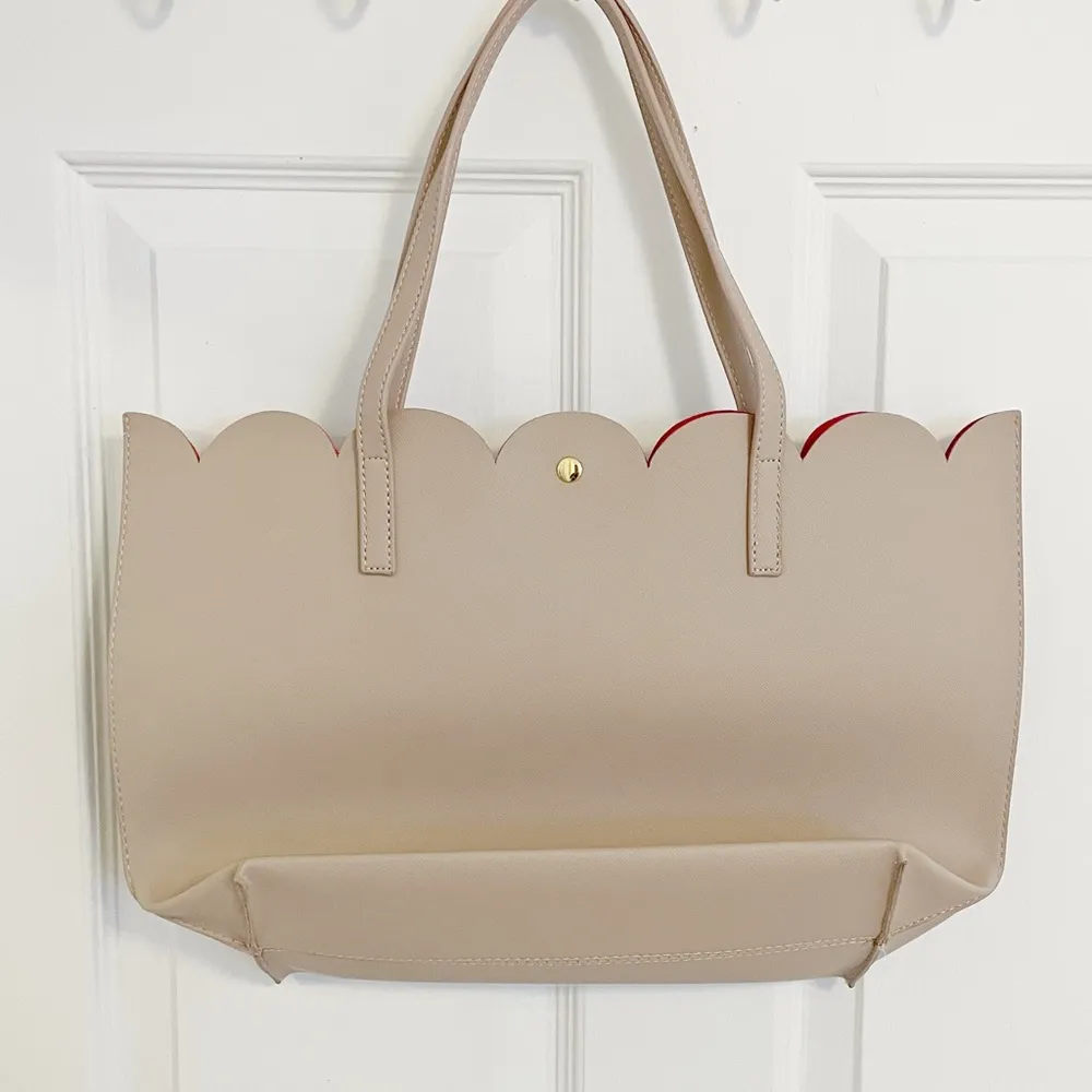 Japanese Kawaii Pastel Mauve Lilac Scalloped Fuchsia Lined Tote Office Handbag Pink - Image 3