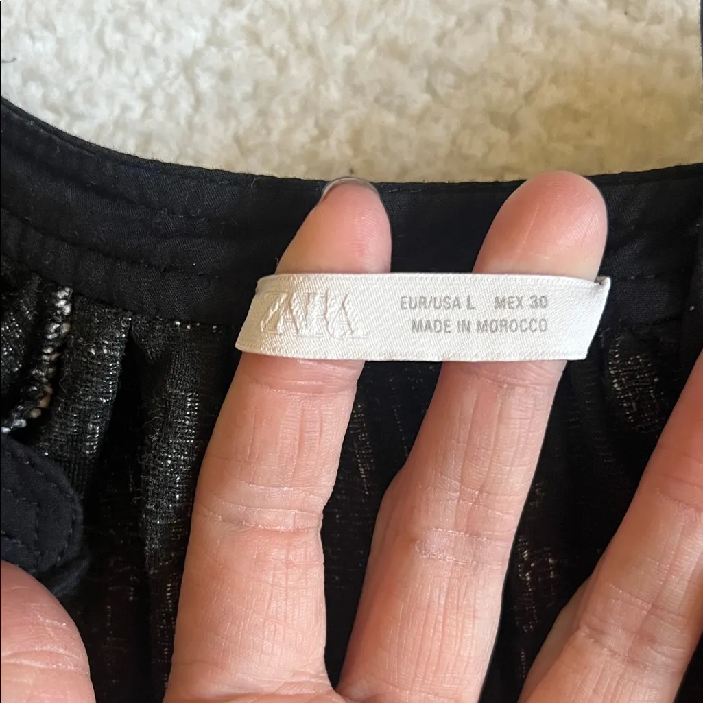 Zara Jacquard Floral Puff Sleeve Mini Dress Black White Size L - Image 5