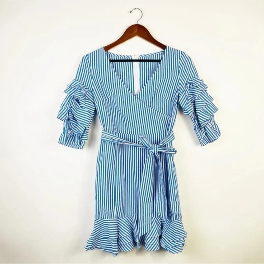 Wrap Front‎ Striped Ruffle Dress with Tie Closure Small - Image 3