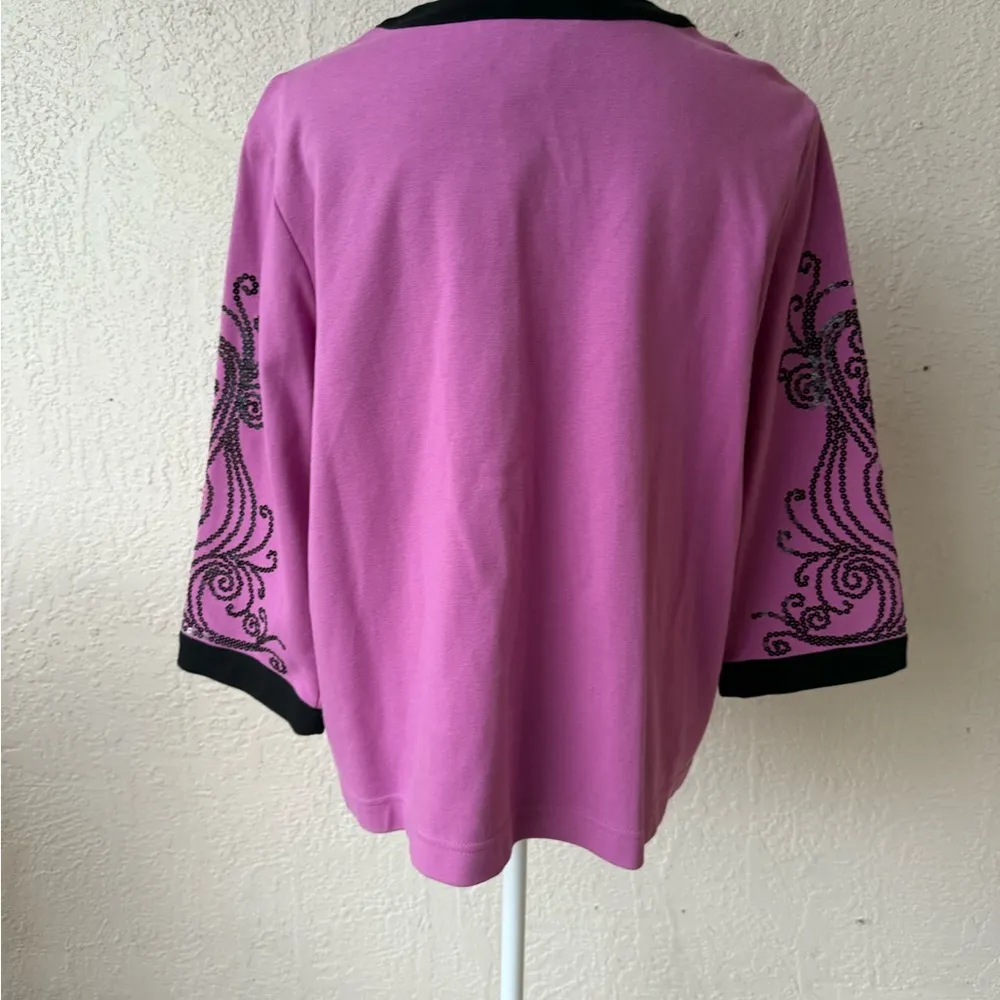 Bob Mackie Large Knit Jacket Pink Black Sequin 3/4 Sleeves Wearable Art Classic - Image 4