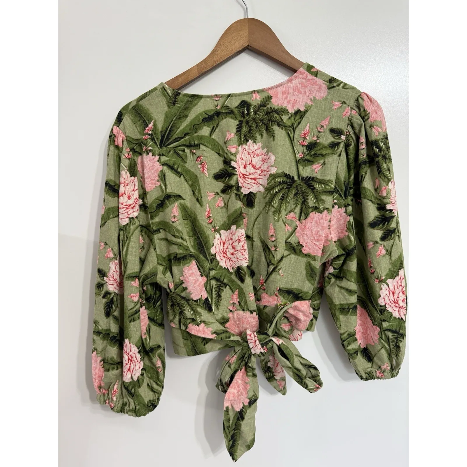 Aguabendita Target Floral Green Pink XXL Peony Print Wrap Top Blouse Linen Blend - Image 7