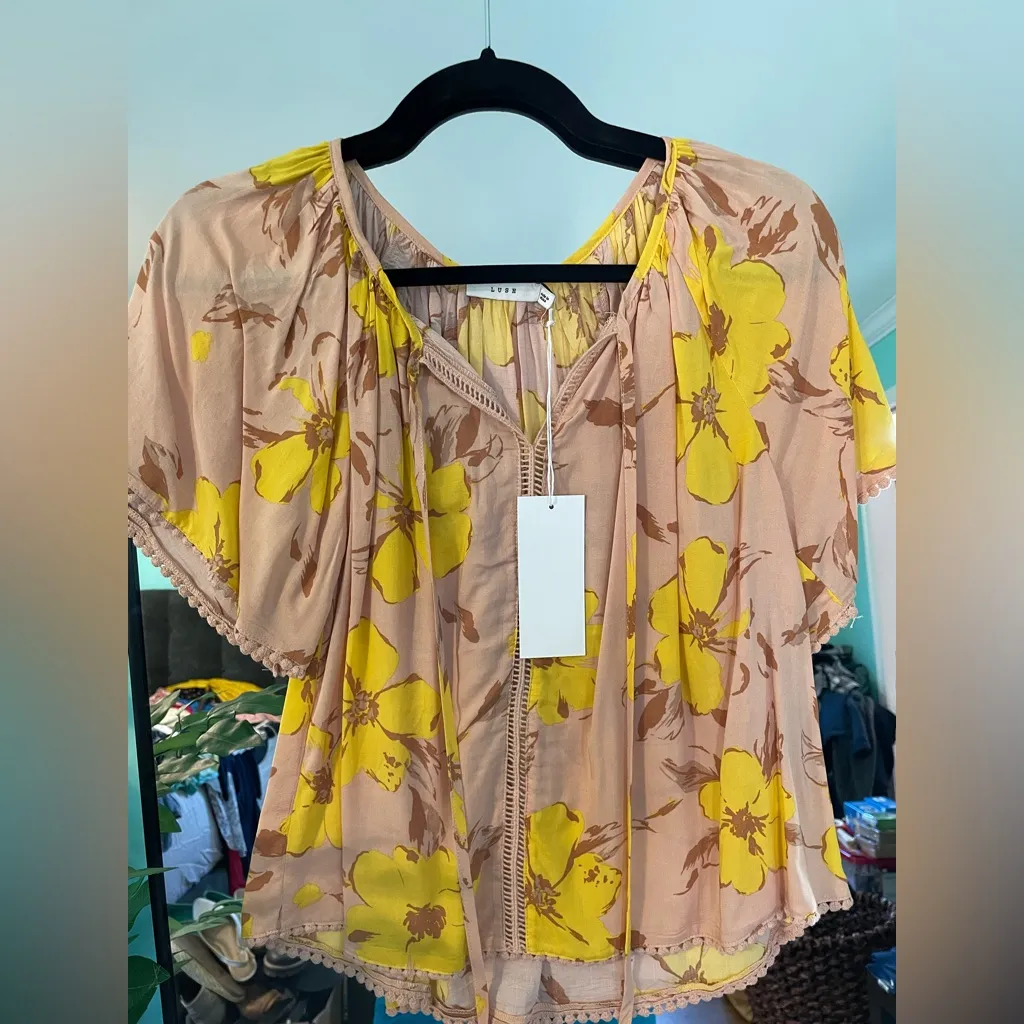 LUSH Floral Print V Neck Tie Blouse Yellow Pink Short Sleeve Casual Top S Cotton - Image 2