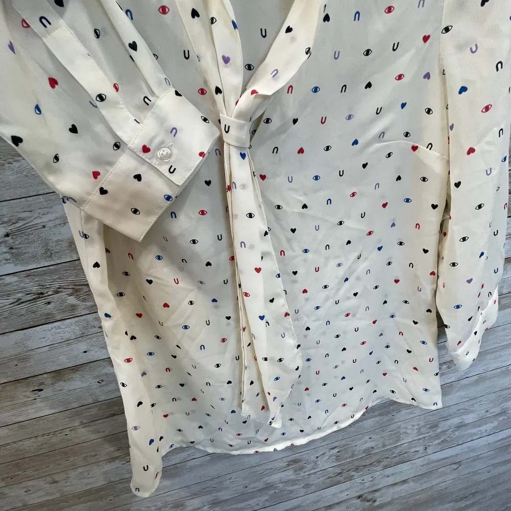 ModCloth Womens S Blouse Eye Heart U 3/4 Sleeve V-Neck Neck Tie Shirt Cream NWOT - Image 2