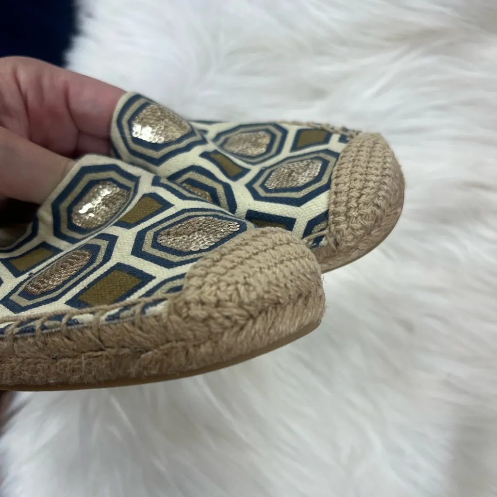 Tory Burch Cecily Embellished Espadrille Flats 6 Tan Canvas Sequin Rattan shoes - Image 6