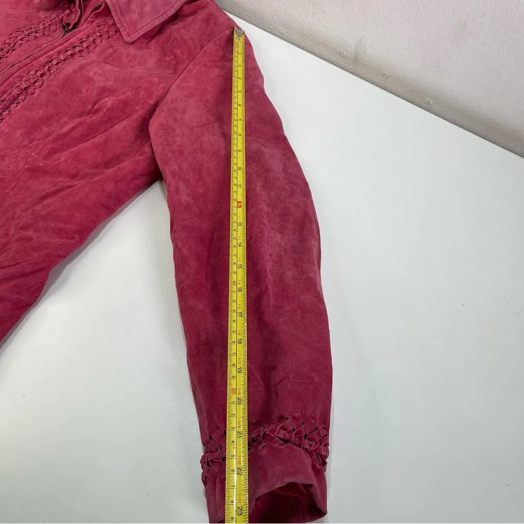 Vtg Coldwater Creek Cranberry Red Leather Suede Braided Jacket LG Whimsigoth - Image 4