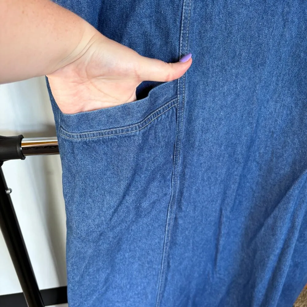 Vtg 90s Denim Maxi Dress Modest Sleeveless Jean Tradwife Western Classic Large Blue - Image 4