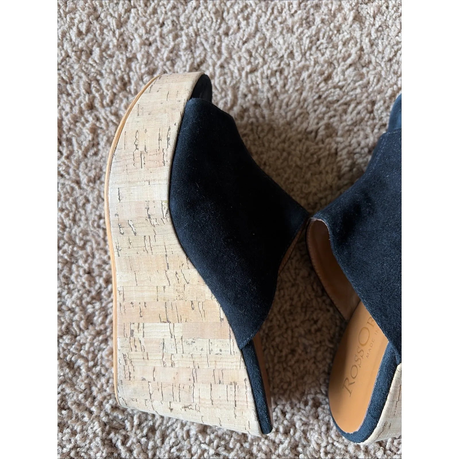 RossOro Classic Black Suede Leather Cork Wedge Mule Sandal Shoes Italy EU 35 Size 5 - Image 8