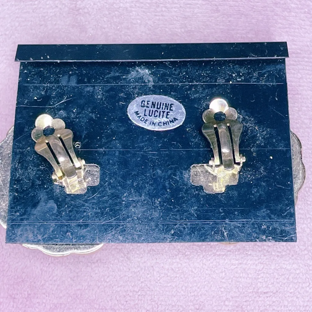 671. Lucite Vintage Burgundy Earrings Gold - Image 2