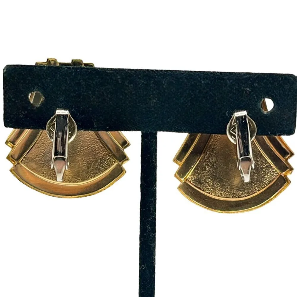 Vintage Gold Tone Baroque Earrings Blue‎ Green Swirl Center Clip On Statement - Image 2