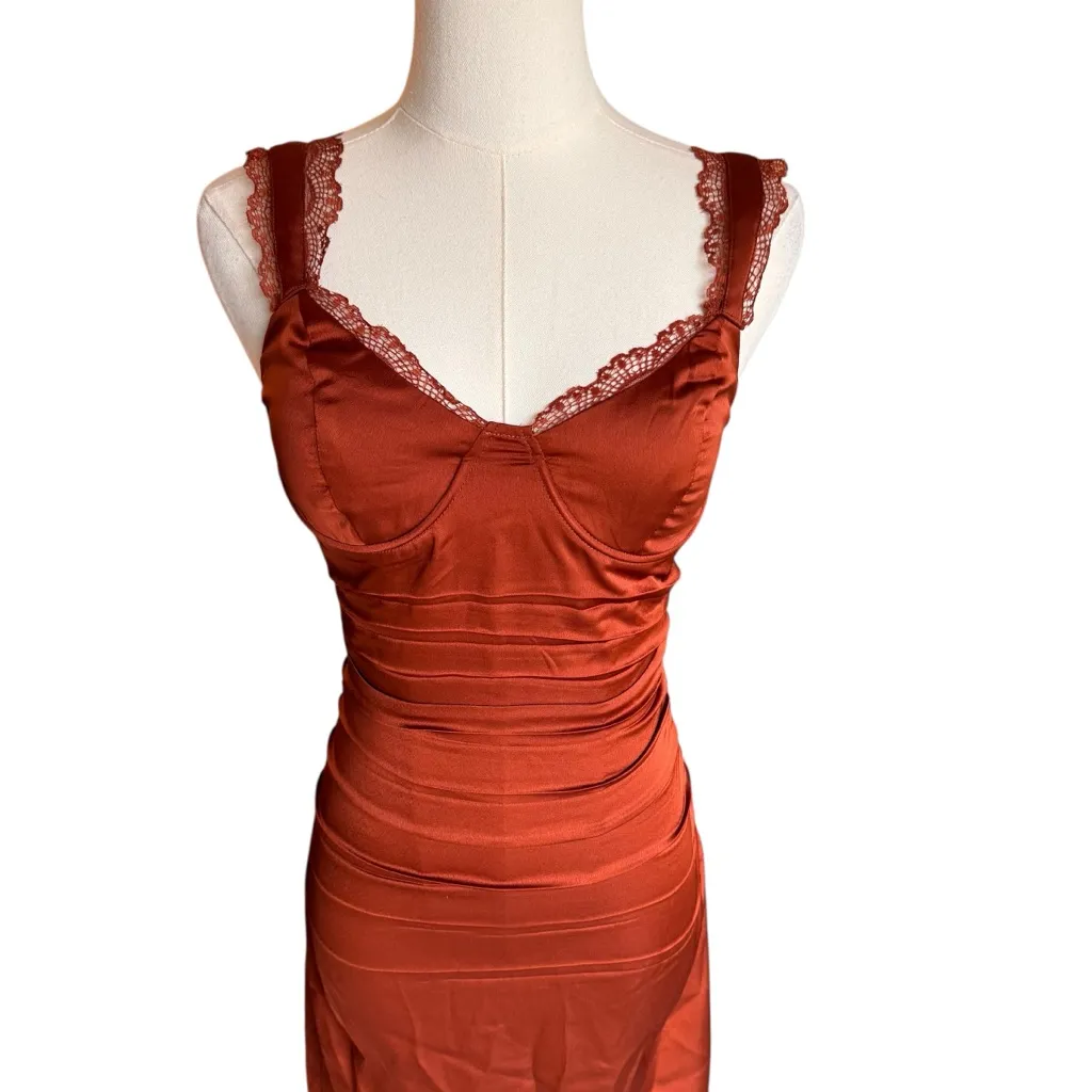 ASTR the Label - Alva Ruched Lace Trim Midi Slip Dress Rust Satin Sz XS - Image 4