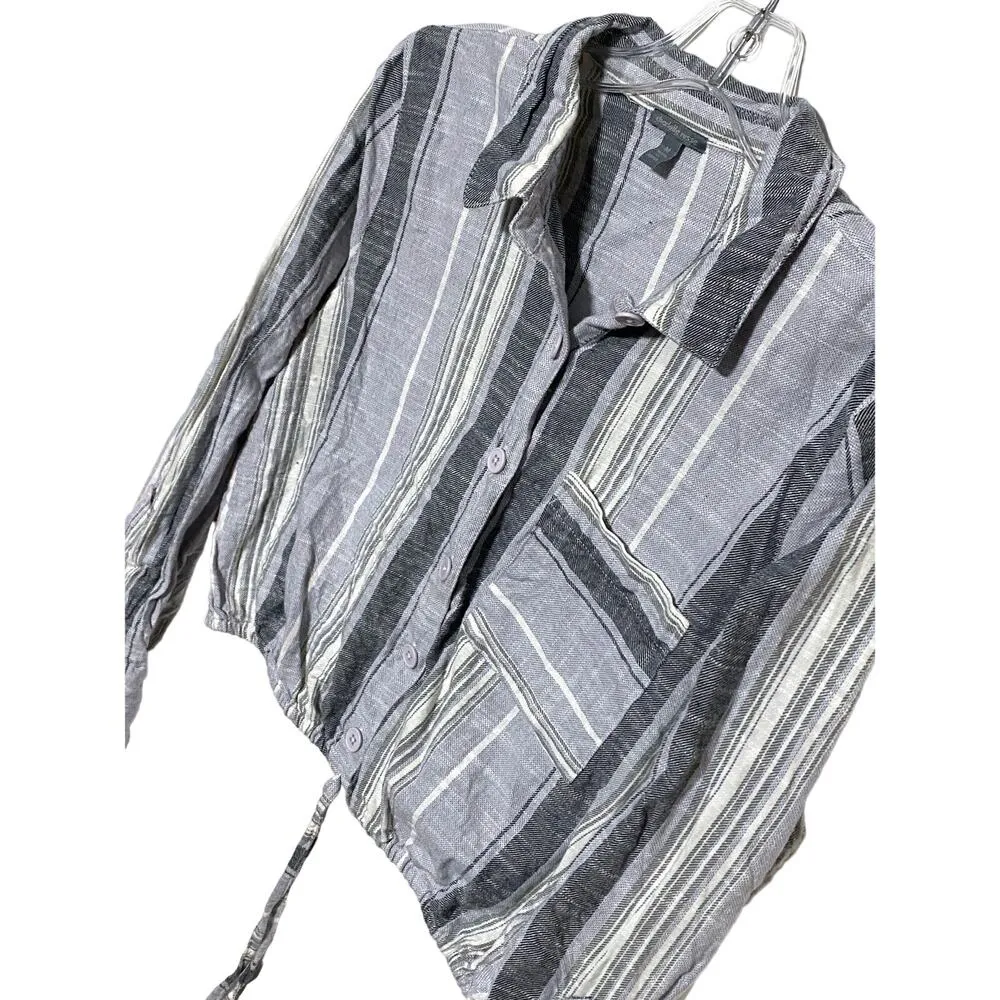 Charlotte Russe Crop Top Button Blouse Striped Roll Tab Long Sleeve Womens M - Image 3